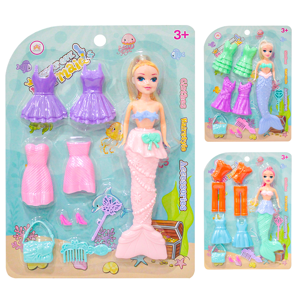 BONECA SEREIA TROCA ROUPA DE PLASTICO COM BOLSA + PENTE E ACESSORIOS 10 PECAS 