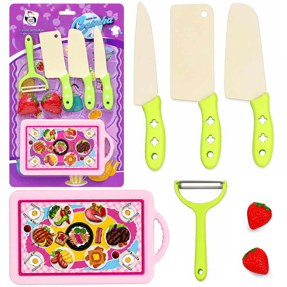 KIT COZINHA INFANTIL COM FRUTA + TABUA E ACESSORIOS HORA DA COZINHA 7 PECAS