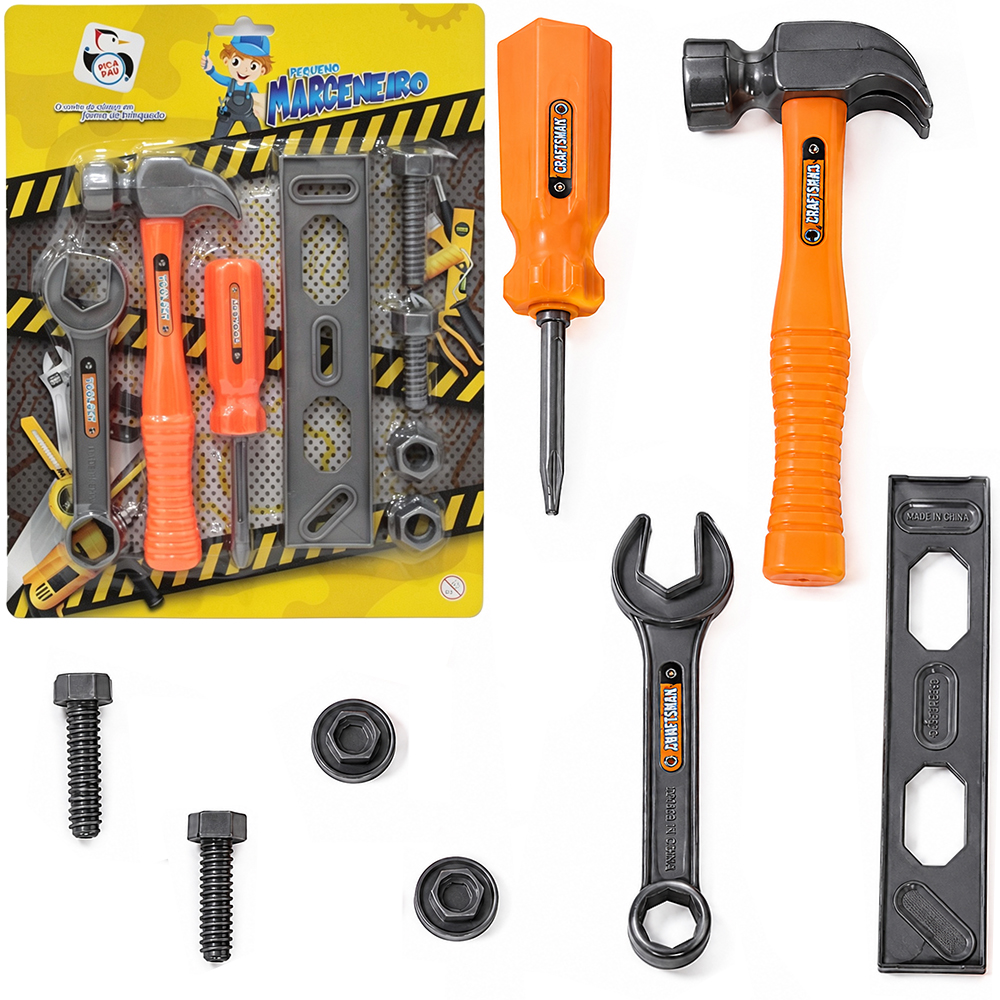 KIT FERRAMENTA INFANTIL COM MARTELO + PARAFUSO E ACESSORIOS PEQUENO MARCENEIRO 8 PECAS