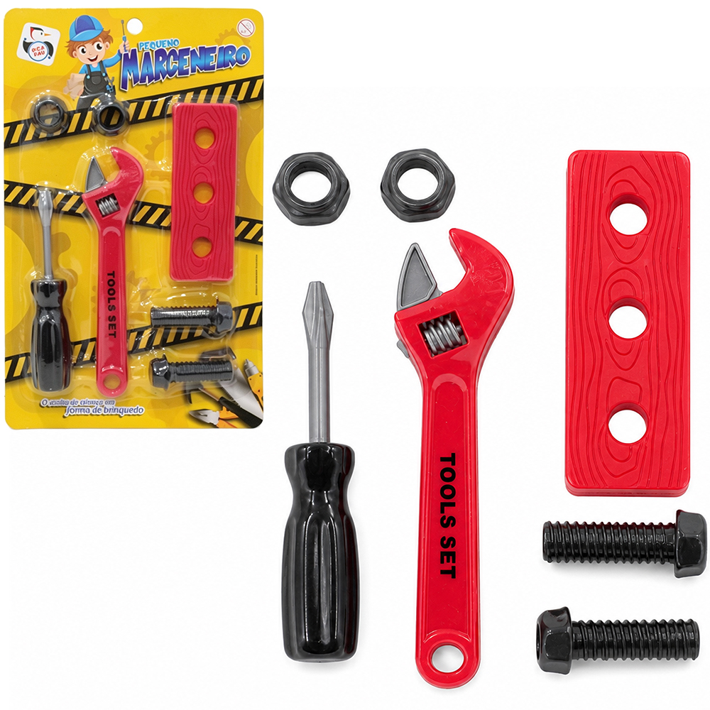 KIT FERRAMENTA INFANTIL COM CHAVE INGLESA + PARAFUSO E ACESSORIOS PEQUENO MARCENEIRO 7 PECAS