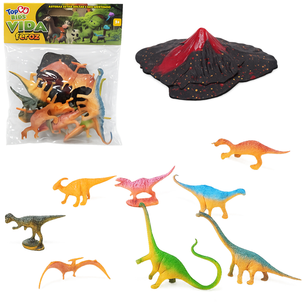 KIT ANIMAL DINOSSAURO DE PLASTICO COM ACESSORIO VIDA FEROZ TOP KIDS 9 PECAS
