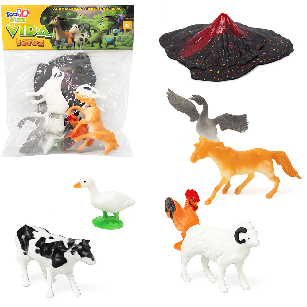 KIT ANIMAL FAZENDA DE PLASTICO COM ACESSORIO VIDA FEROZ TOP KIDS 7 PECAS