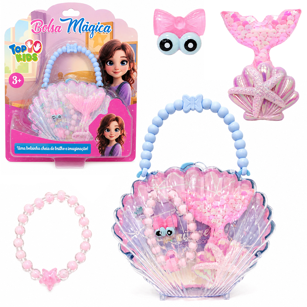 KIT BELEZA / BIJUTERIA INFANTIL PULSEIRA + ANEL E ACESSORO PARA CABELO PRESILHA NA BOLSA CONCHA TOP KIDS