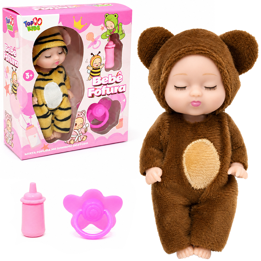 BONECA BEBE FOFURA COM ROPAO BICHINHO + CHUPETA E MAMADEIRA TOP KIDS