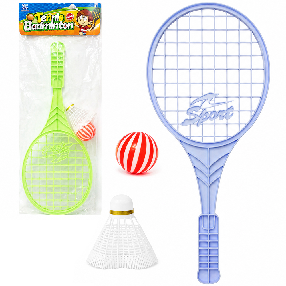 RAQUETE DE PLASTICO BADMINTON COM 2 PECAS 43X18CM + BOLINHA 5CM DE Ø E PETECA 8,5X6,5CM DE Ø