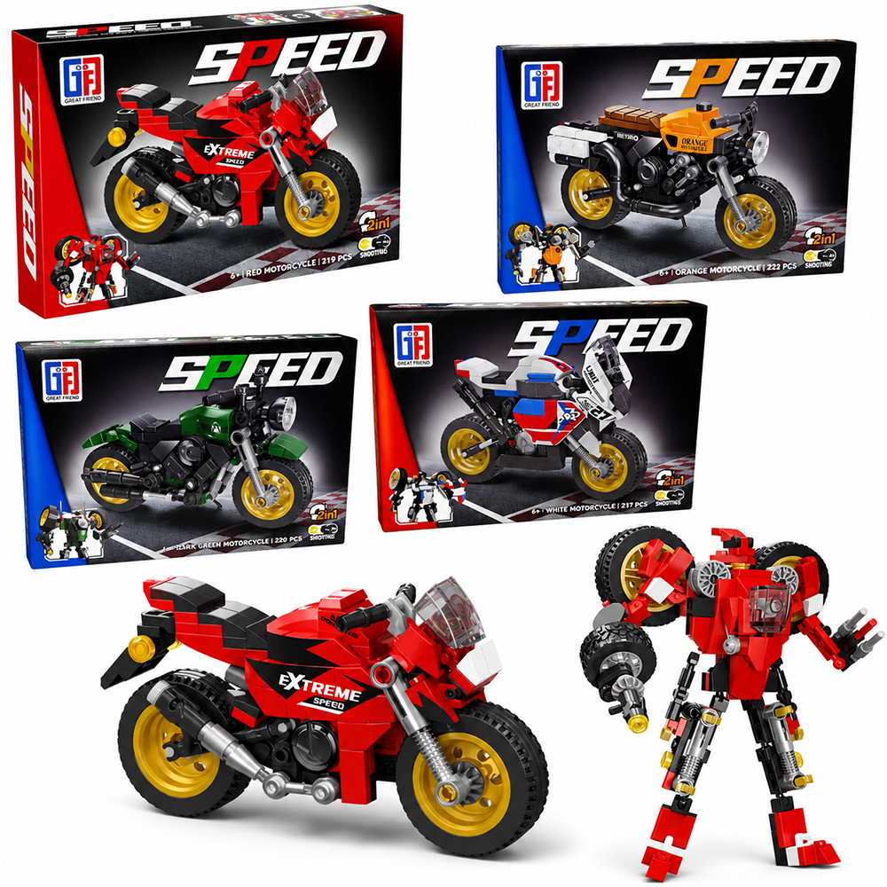 BLOCOS DE MONTAR SPEED MOTO OU ROBO 2 EM 1 (4 MODELOS FORMA MEGA ROBO)