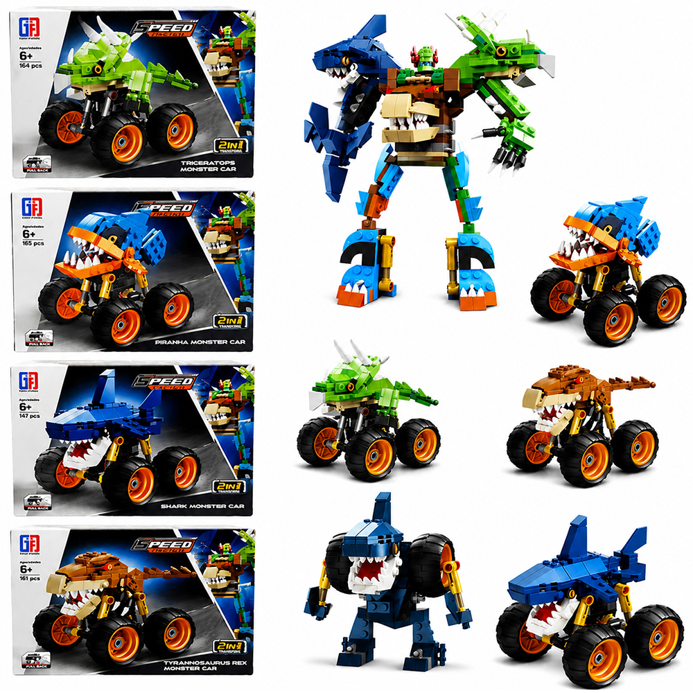 BLOCOS MONTAR SPEED RACING VEICULO FRICCAO PULL BACK/ANIMAL 2 EM 1 (4 MODELOS FORMA MEGA ROBO) TLEG 