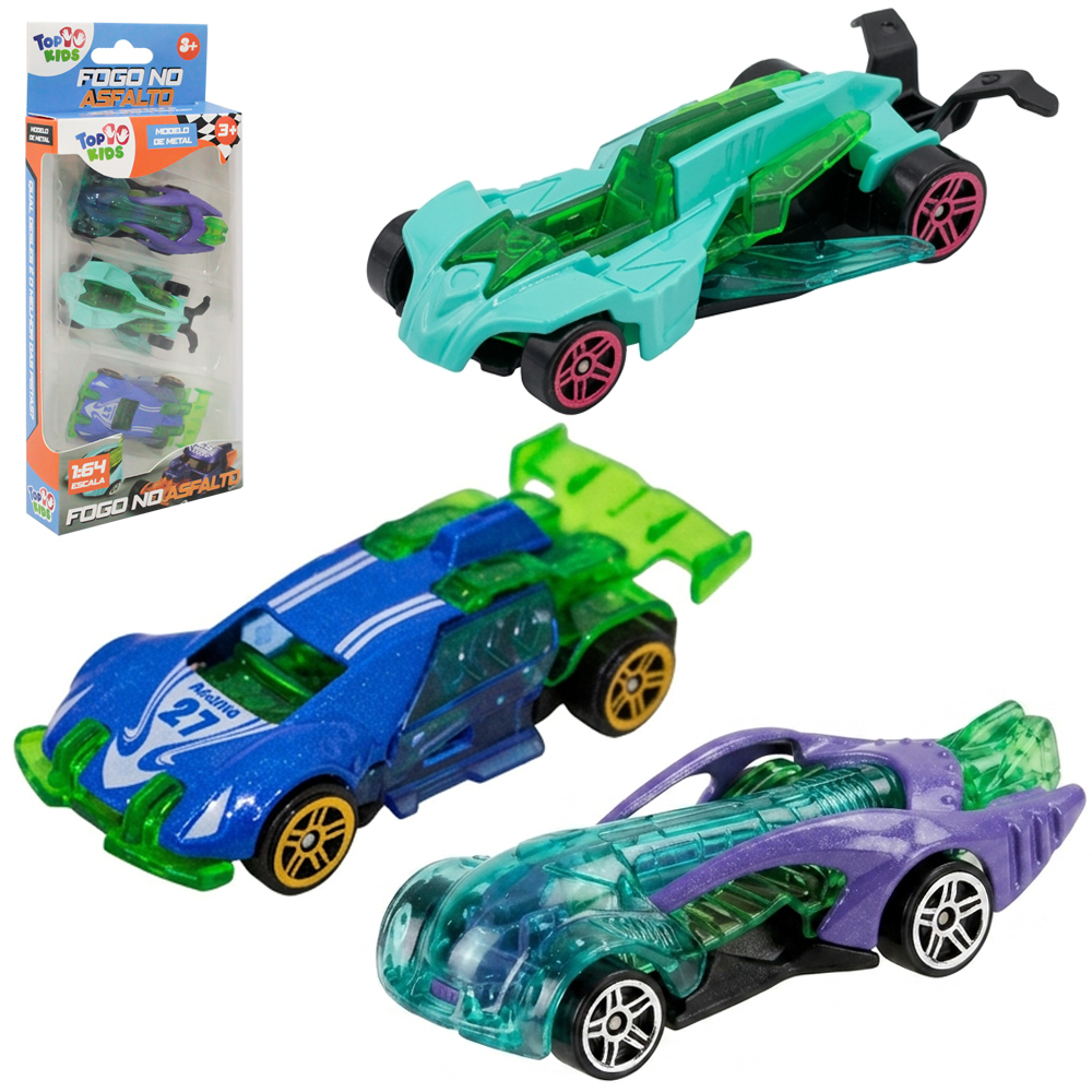 CARRO DE METAL FOGO NO ASFALTO TOP KIDS RODA LIVRE COM 3 PECAS