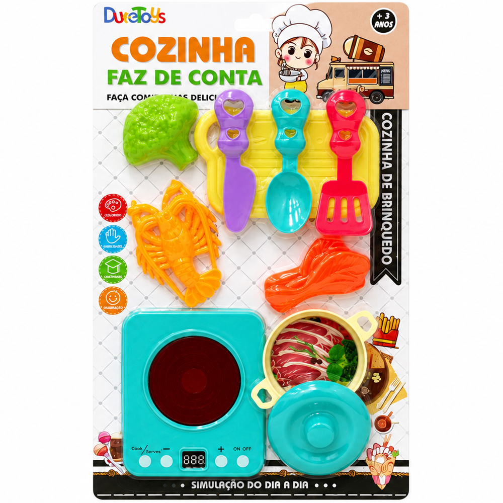 KIT COZINHA INFANTIL COM FOGAO INDUCAO + TABUA E ACESSORIOS COZINHA FAZ DE CONTA COM 10 PECAS 