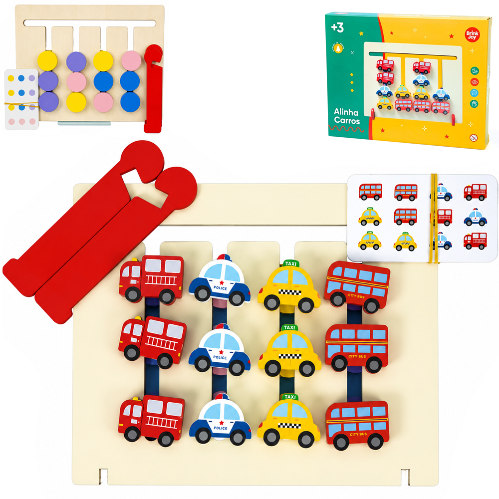 BRINQUEDO EDUCATIDO ALINHA CARROS DE MADEIRA COM 10 CARTAS BRINK JOY 22,8X16X12,5CM 