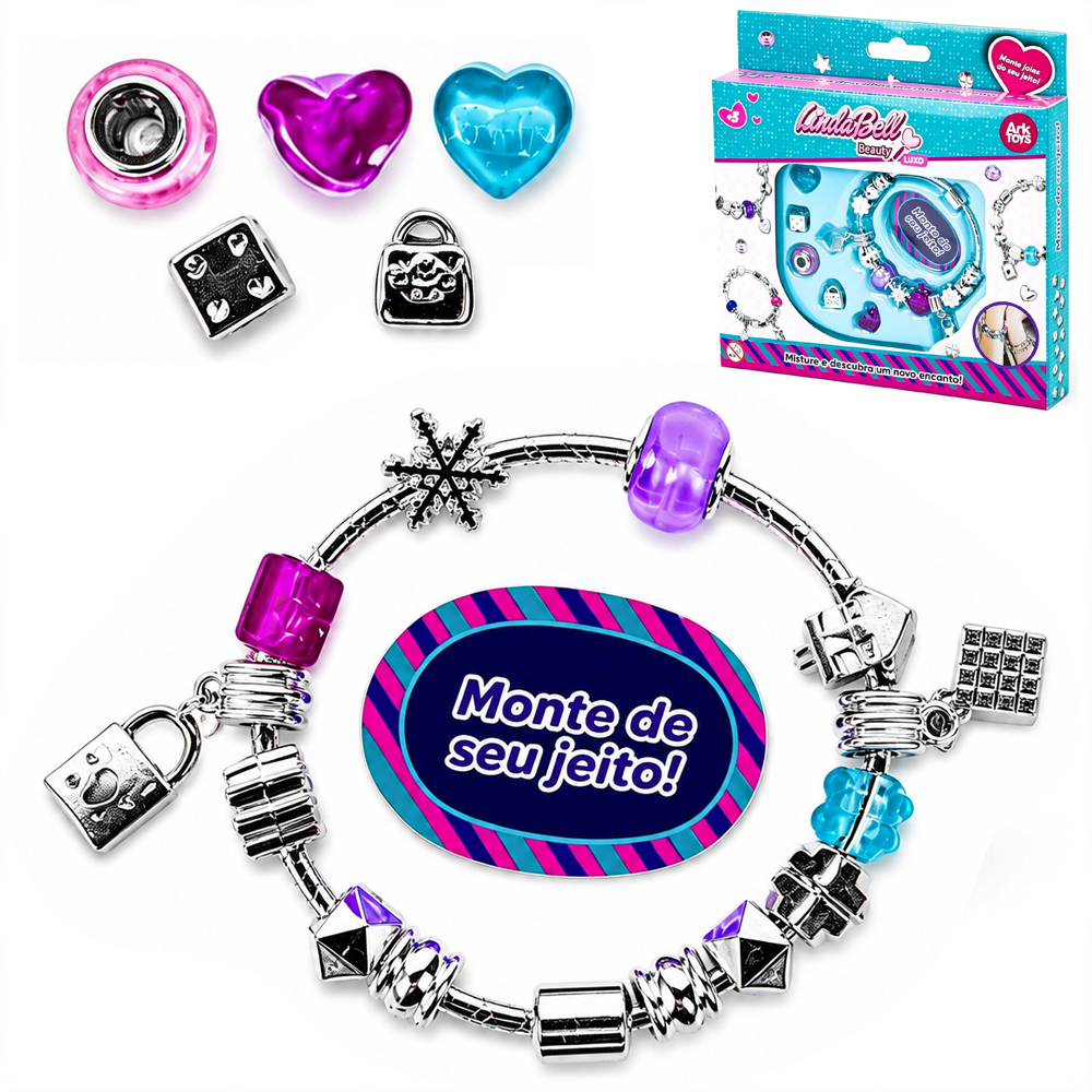 KIT BELEZA / BIJUTERIA INFANTIL COM PULSEIRA + 2 PINGENTES E ACESSORIOS LUXO LINDA BELL BEAUTY 19 PECAS 