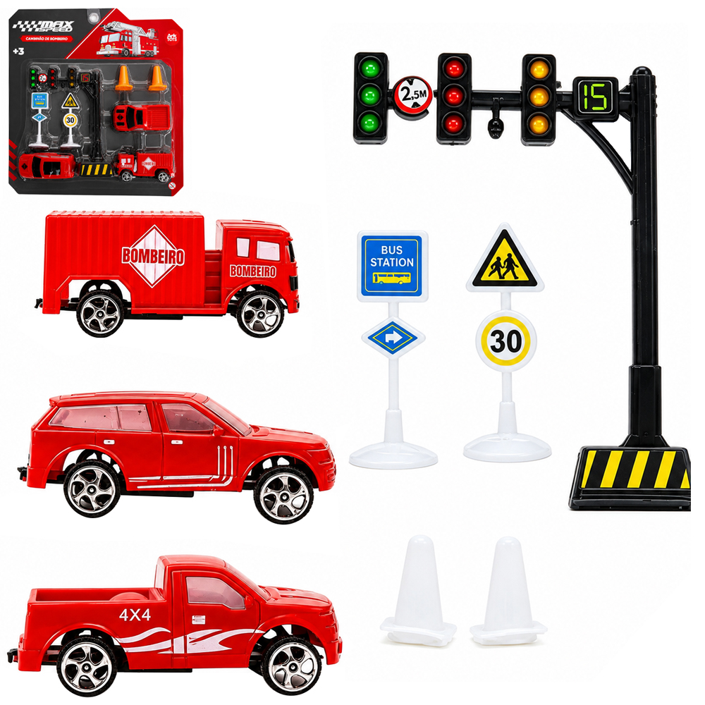 KIT VEICULO COM CAMINHAO BOMBEIRO COM ACESSORIOS MAX SPEED RODA LIVRE 8 PECAS 