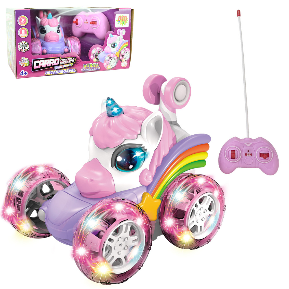 CARRO MALUCO CAMBALHOTA UNICORNIO COM CONTROLE REMOTO SEM FIO 7 FUNCOES COM LUZ A BATERIA RECARREGAVEL 