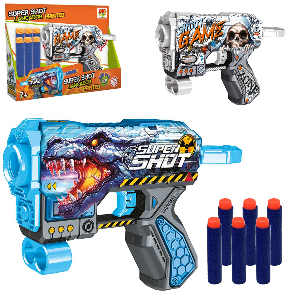 PISTOLA / REVOLVER GRAFITADO LANCA DARDO ESPUMA COM 6 DARDOS SUPER SHOT LANCADOR PRINTED 