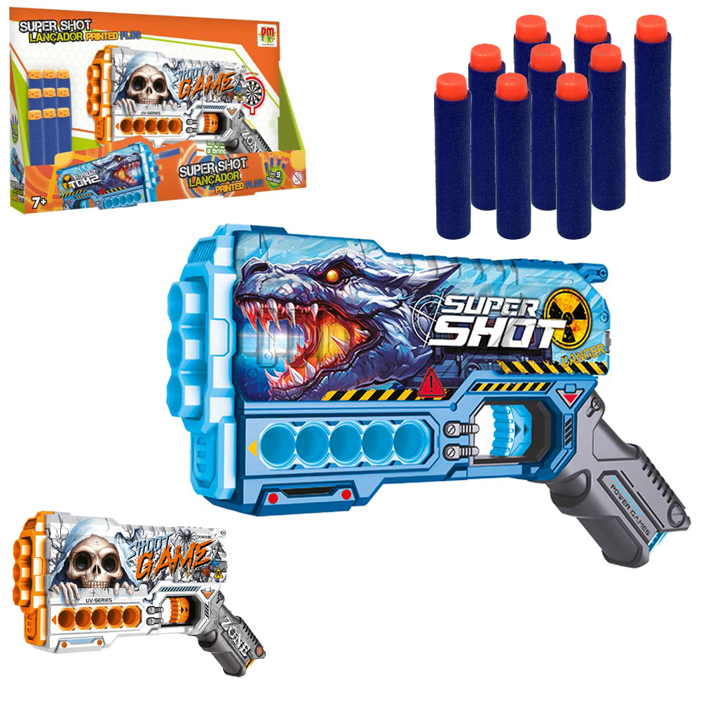 PISTOLA / REVOLVER GRAFITADO LANCA DARDO ESPUMA COM 9 DARDOS SUPER SHOT LANCADOR PRINTED PLUS 