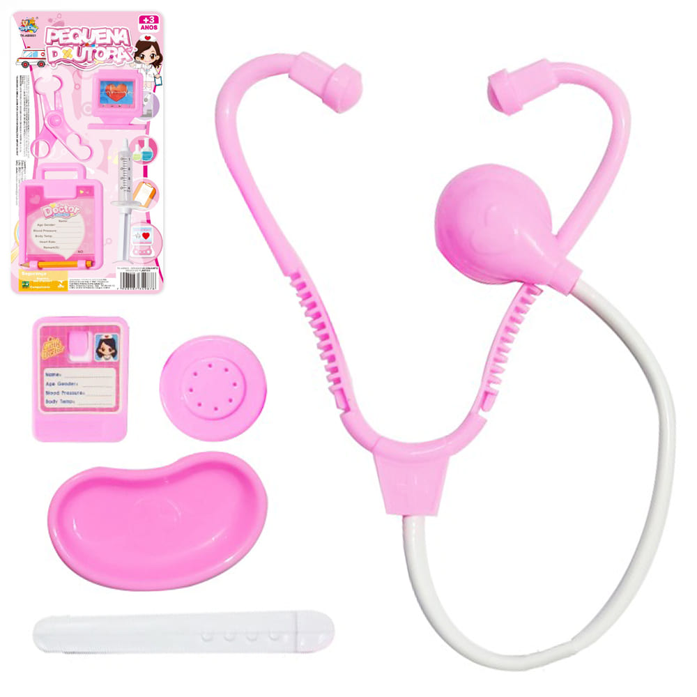 KIT MEDICO INFANTIL COM ESTETOSCOPIO E ACESSORIOS PEQUENA DOUTORA 5 PECAS 