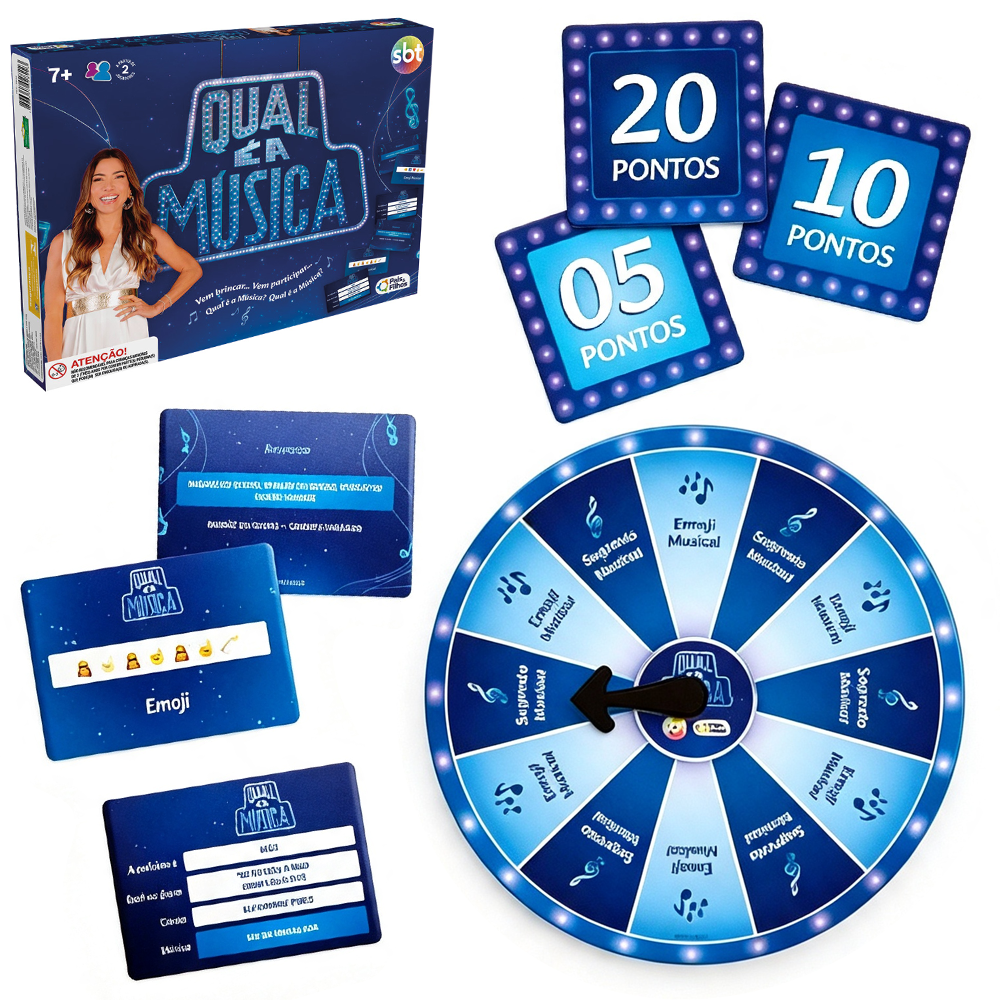 JOGO QUAL E A MUSICA SBT COM 224 CARTAS + 36 FICHAS DE PONTOS + ROLETA E AMPULHETA 