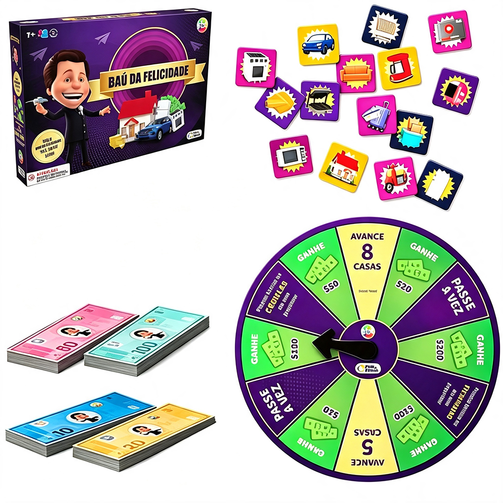 JOGO BAU DA FELICIDADE SBT COM 168 CEDULAS + 54 FICHAS + TABULEIRO + ROLETA + DADO E 8 ACESSORIOS 