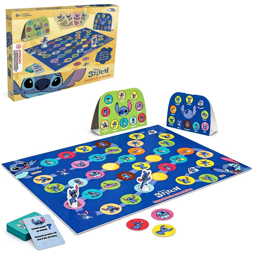 JOGO DESCOBRINDO AS EMOCOES STITCH DISNEY COM 56 CARTAS + 40 FICHAS + 2 PEOES + TABULEIRO E 5 ACESSORIOS 