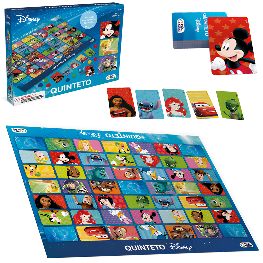JOGO QUINTETO DISNEY COM 80 FICHAS + 56 CARTAS + 2 PEOES E TABULEIRO 