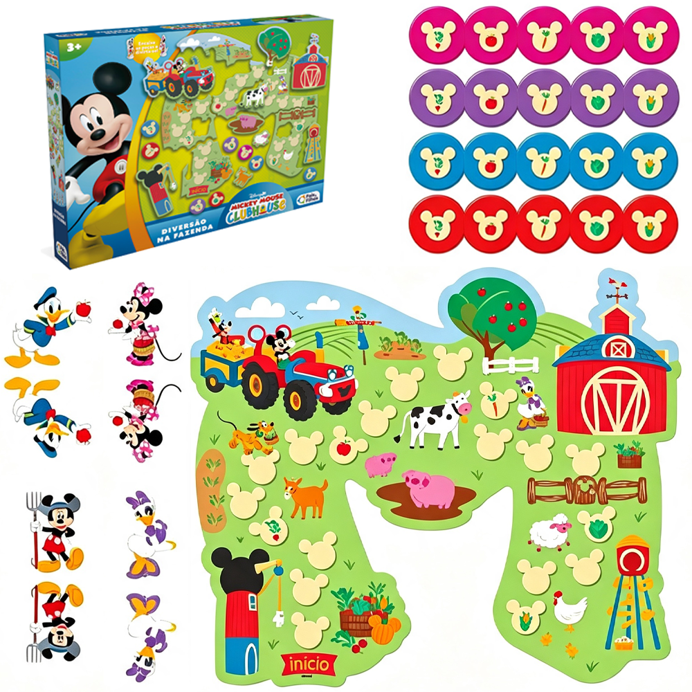 JOGO DIVERSAO NA FAZENDA MICKEY MOUSE CLUBHOUSE DISNEY JR. COM TABULEIRO 16 PECAS + 20 FICHAS + 5 ACESSORIOS  