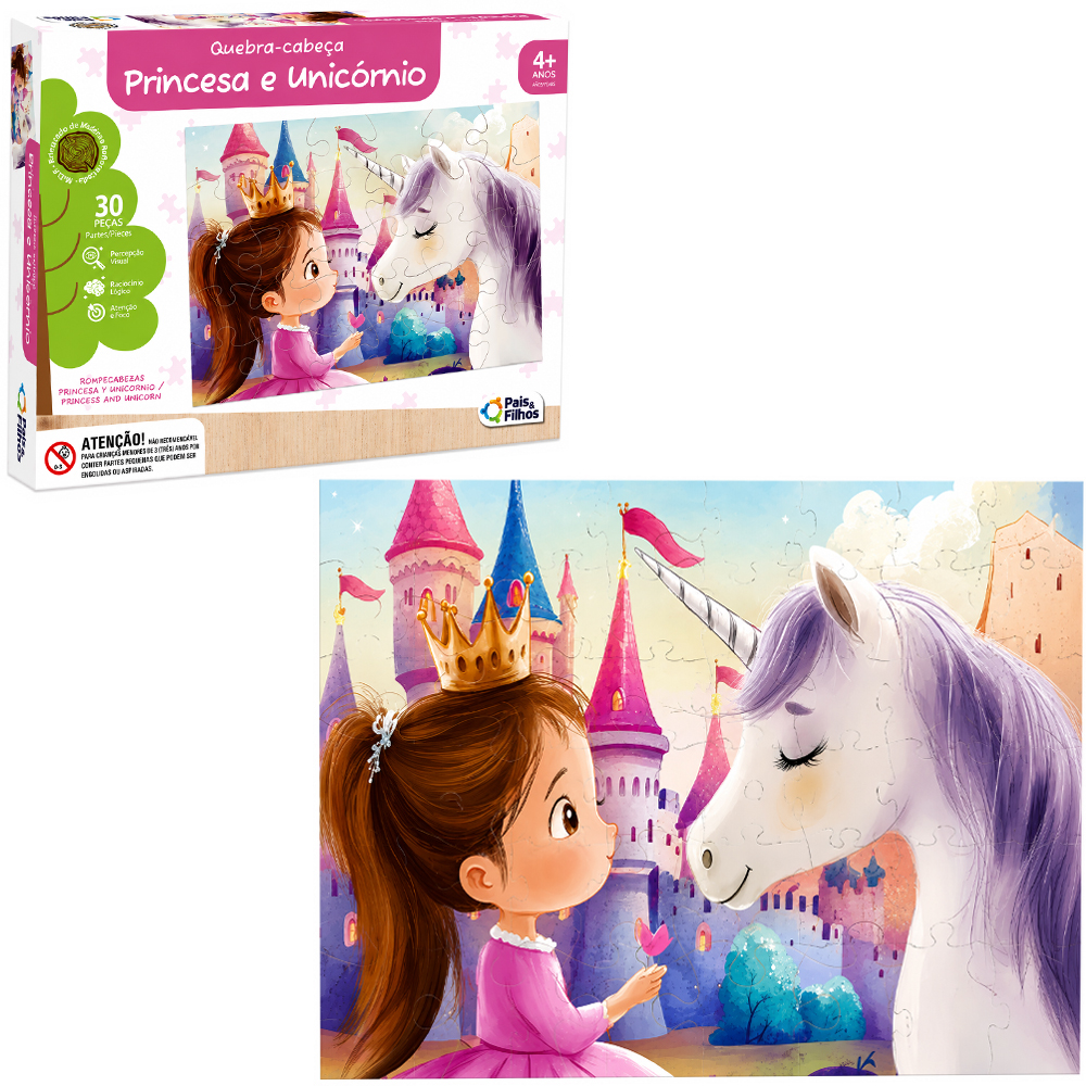QUEBRA CABECA DE MADEIRA MDF PRINCESA E UNICORNIO COM 30 PECAS 43,5X28,5CM 
