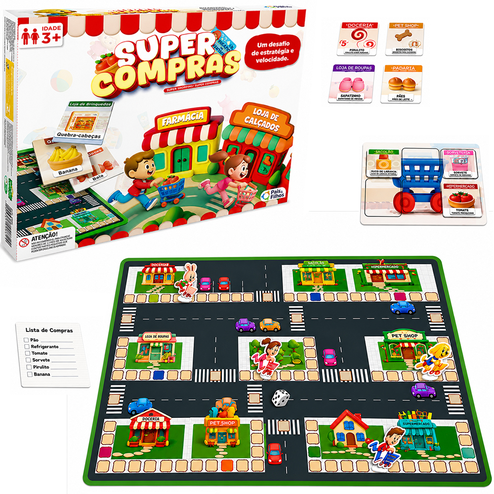 JOGO SUPER COMPRAS COM 1 TABULEIRO + 1 DADO + 40 CARTAS