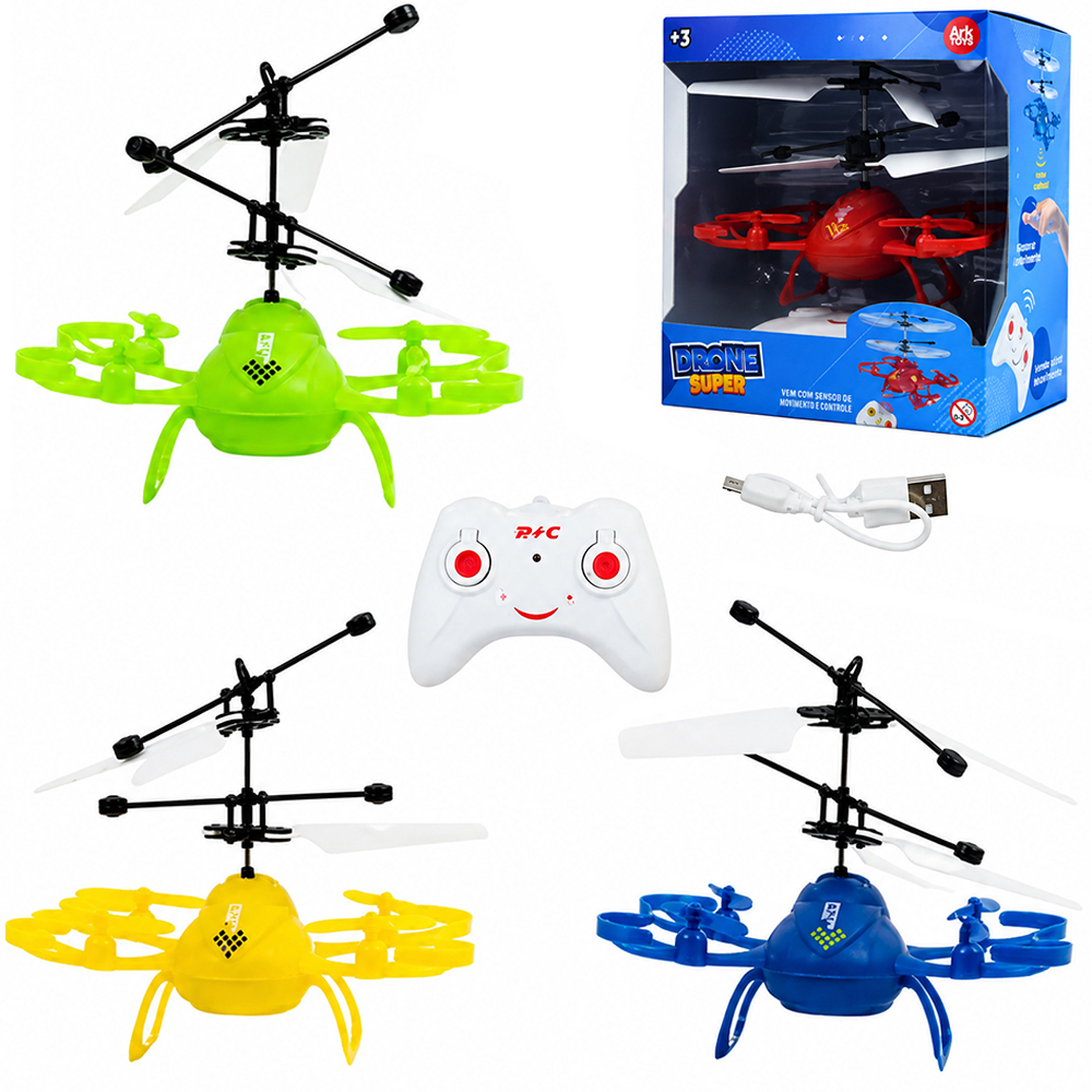DRONE SUPER COM SENSOR DE APROXIMACAO RECARREGAVEL USB + CONTROLE REMOTO E LUZ ARK TOYS
