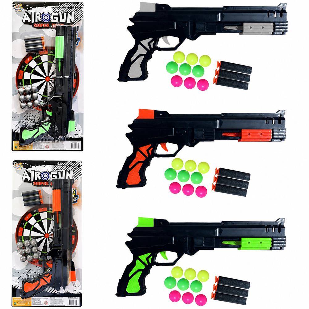 PISTOLA / REVOLVER LANCA BOLA/DARDO ESPUMA / VENTOSA 3 DARDOS + 9 BOLAS