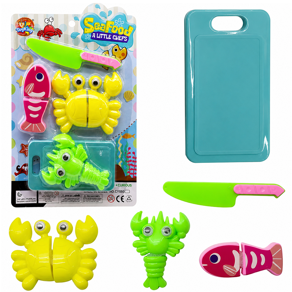 KIT COZINHA INFANTIL COM TABUA + FACA E ACESSORIOS COM VELCRO SEA FOOD 5 PECAS