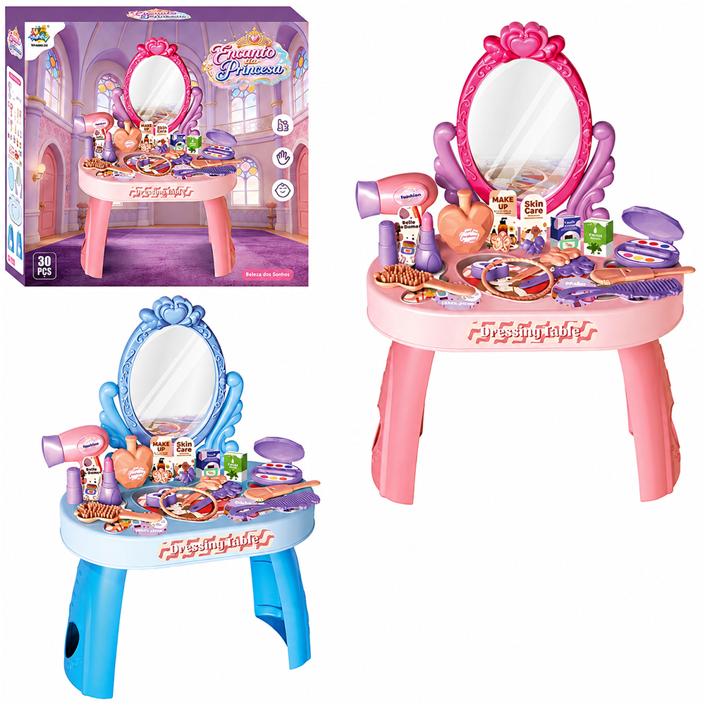KIT BELEZA INFANTIL ENCANTO DA PRINCESA COM PENTEADEIRA + SECADOR E ACESSORIOS 30 PECAS