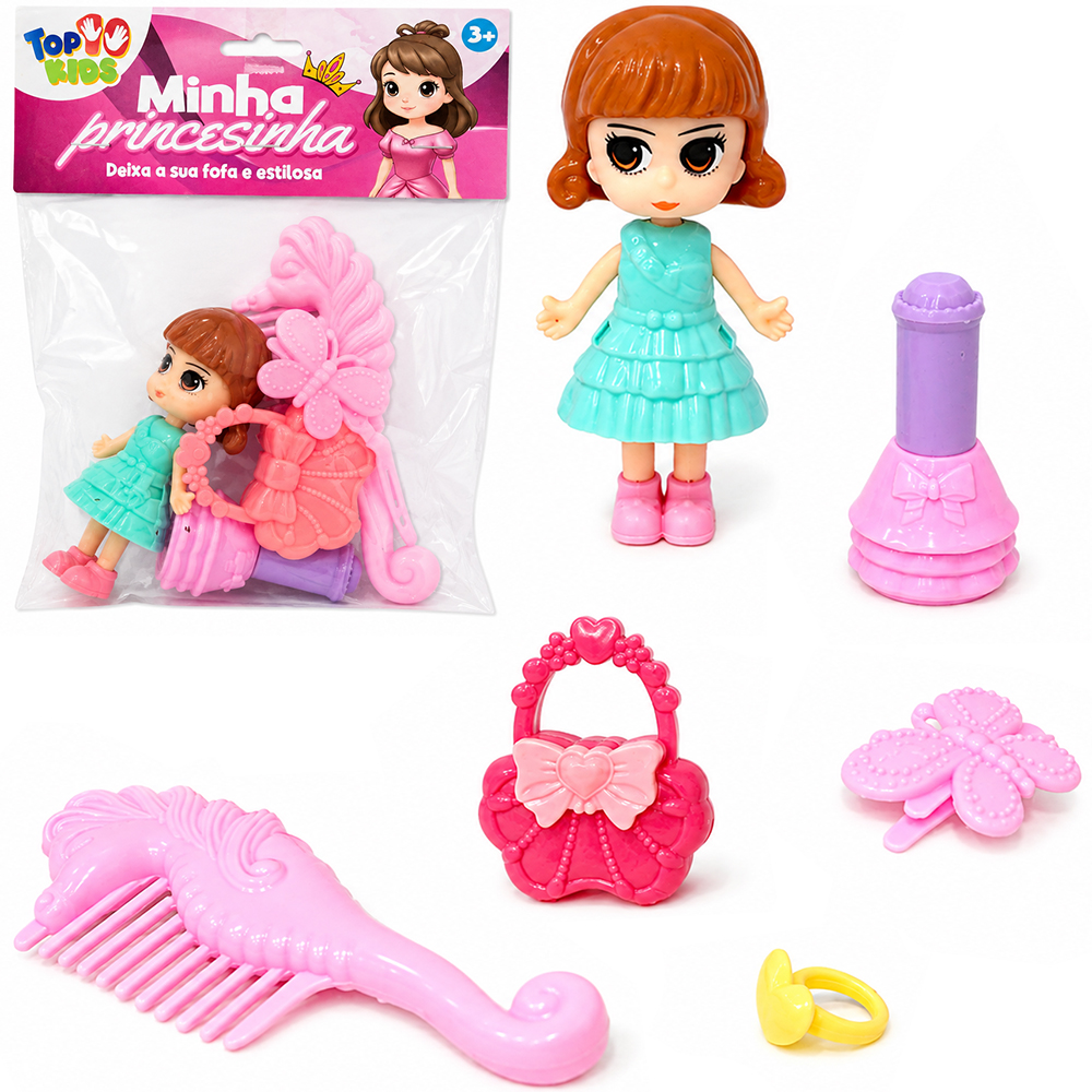 BONECA MINHA PRINCESINHA COM BOLSA E ACESSORIOS 6 PECAS TOP KIDS