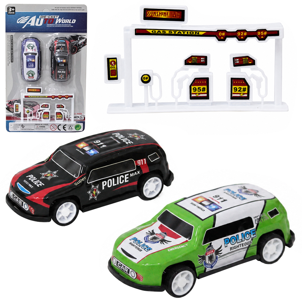 CARRO A FRICCAO PULL BACK POLICIA COM ACESSORIO DIE-CAST AUTO WORLD 3 PECAS 