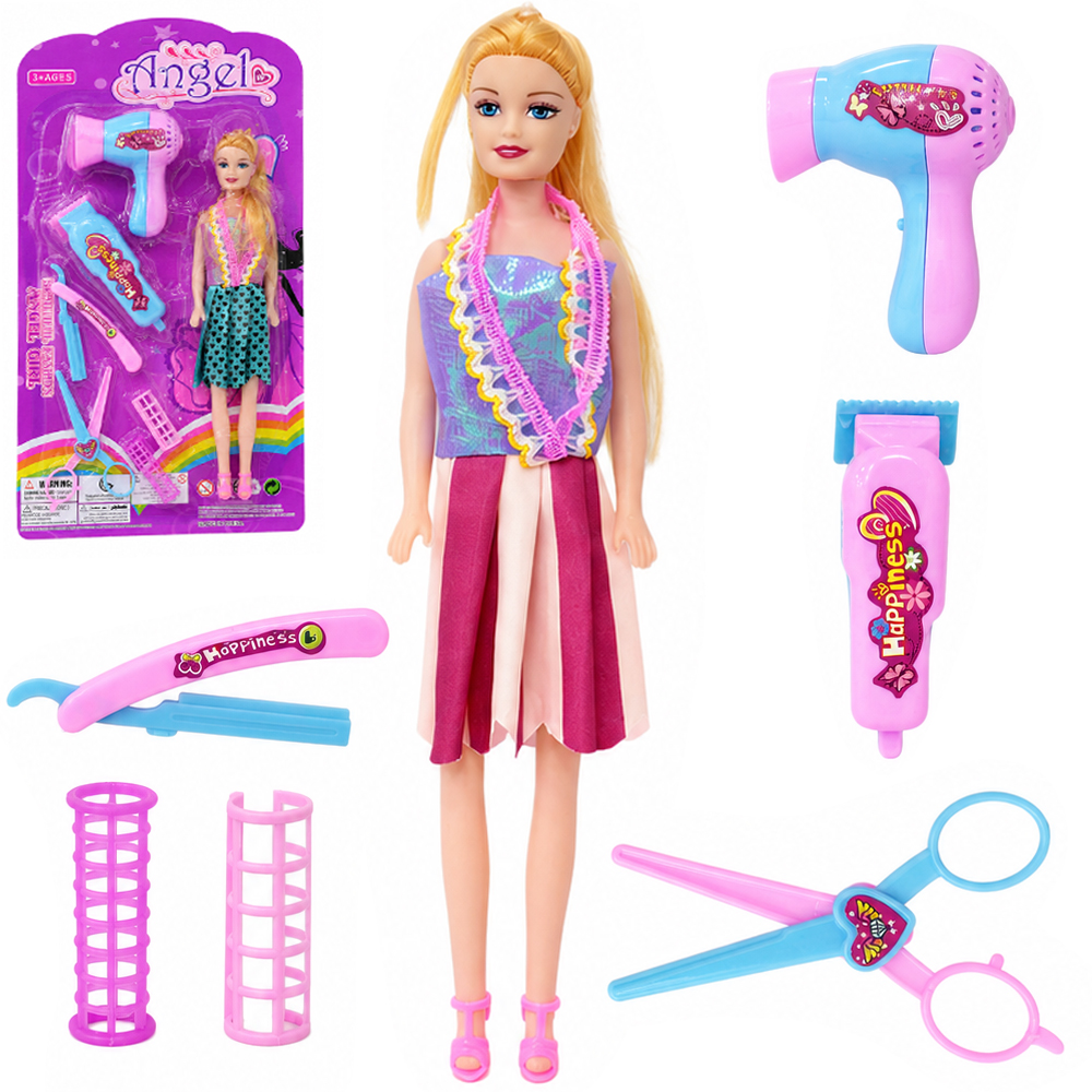 BONECA ANGEL COM SECADOR + TESOURA E ACESSORIOS 7 PECAS 