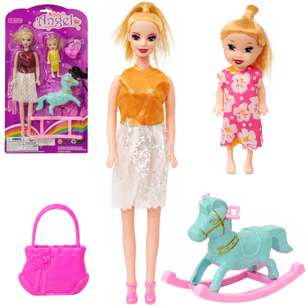 BONECA ANGEL MAE E FILHA COM CAVALO DE BALANCO + BOLSA 