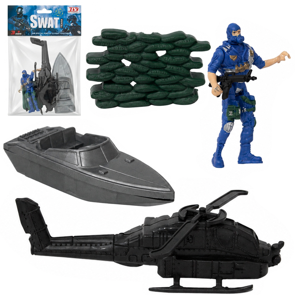 BONECO SOLDADO SWAT COM HELICOPTERO + ARMA E ACESSORIOS 5 PECAS 