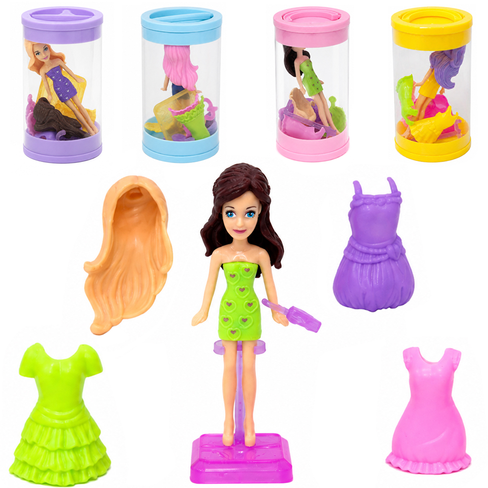 BONECA TROCA ROUPA / PERUCA DE PLASTICO COM ACESSORIOS 8 PECAS NO TUBO 