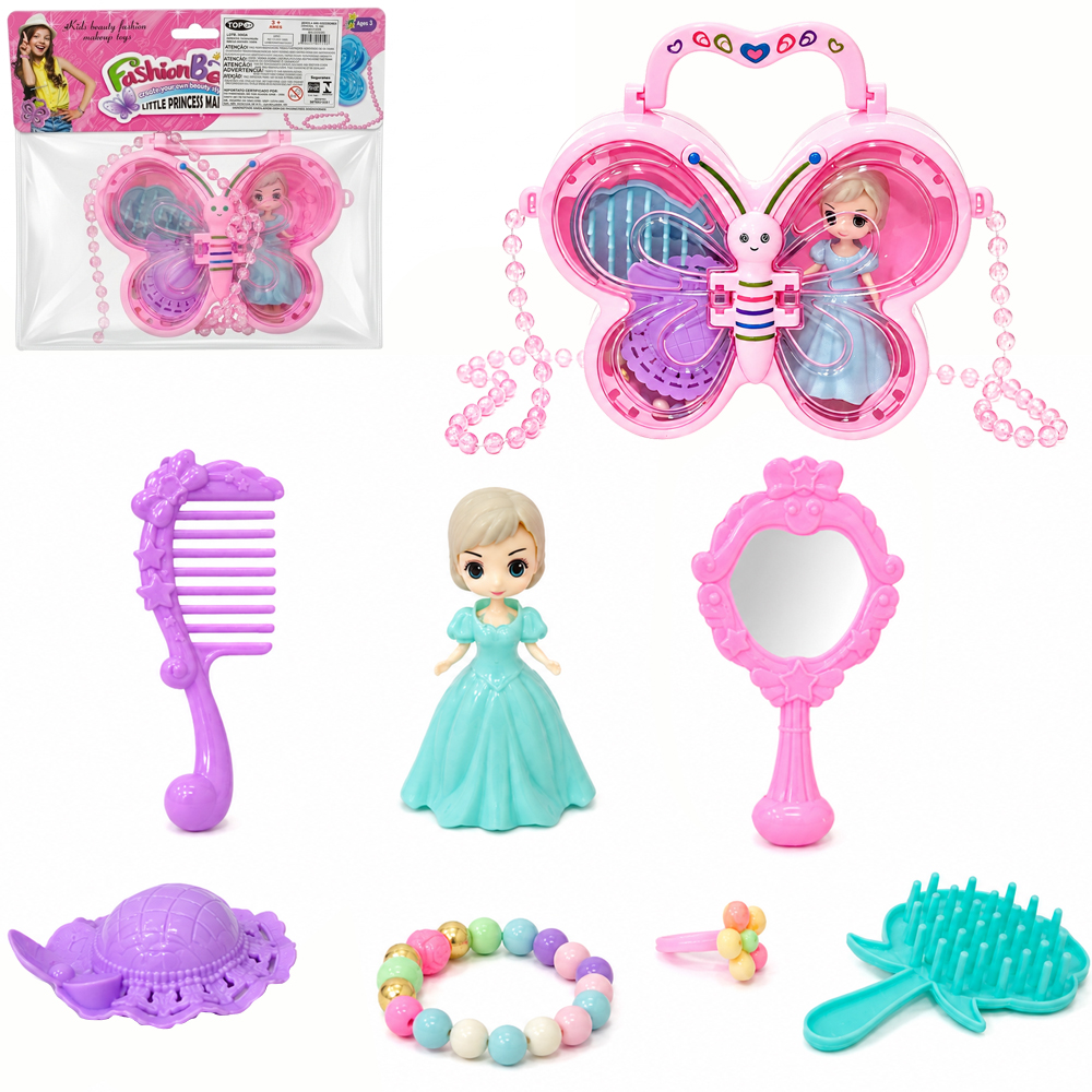 BONECA FASHION BEAUTY COM ESPELHO + PENTE E ACESSORIOS 7 PECAS NA BOLSA BORBOLETA 