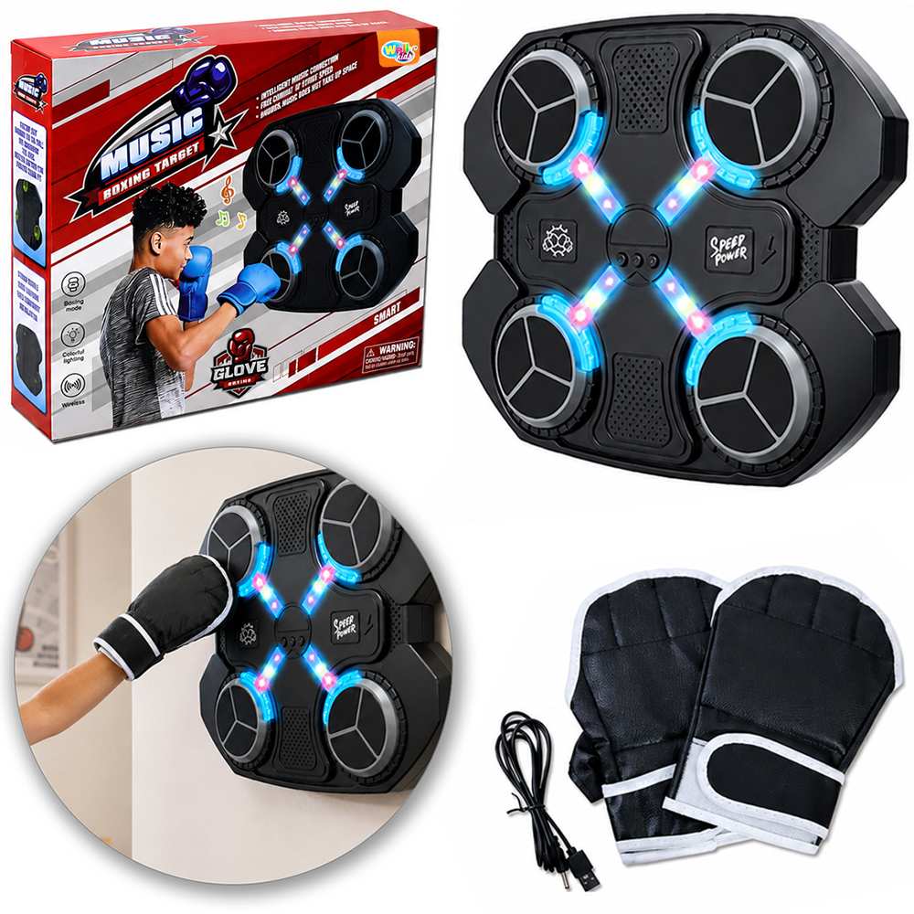 JOGO MAQUINA DE BOXE TARGET-X COM LUVA + VENTOSA + FITA DUPLA FACE + SOM E LUZ A BATERIA RECARREGAVEL 