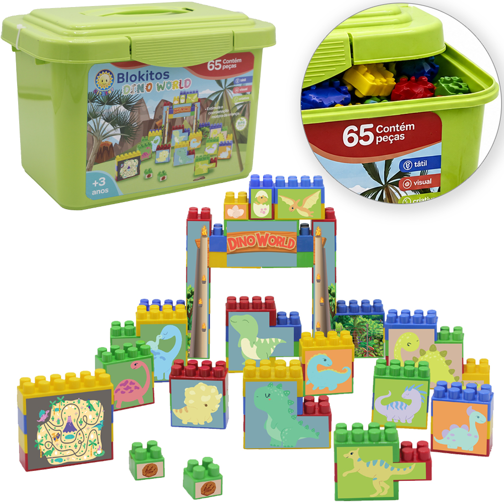 BLOCOS DE MONTAR BLOCKS BLOKITOS DINO WORLD 65 PECAS NA MALETA  