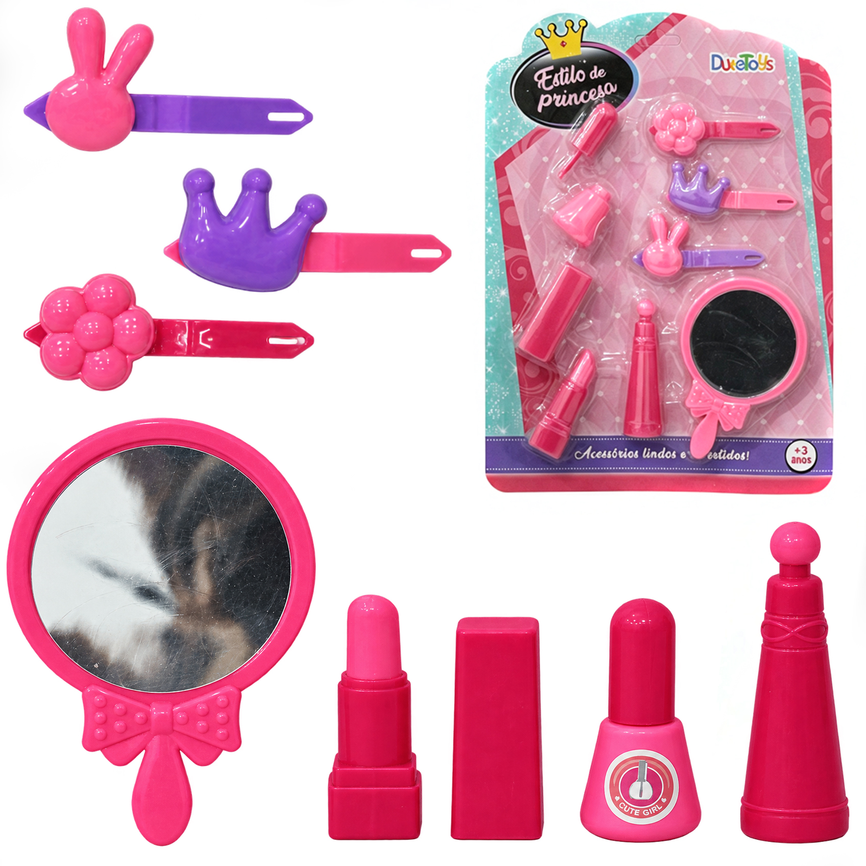 KIT BELEZA INFANTIL COM ESPELHO + BATOM E ACESSORIOS ESTILO DE PRINCESA 7 PECAS