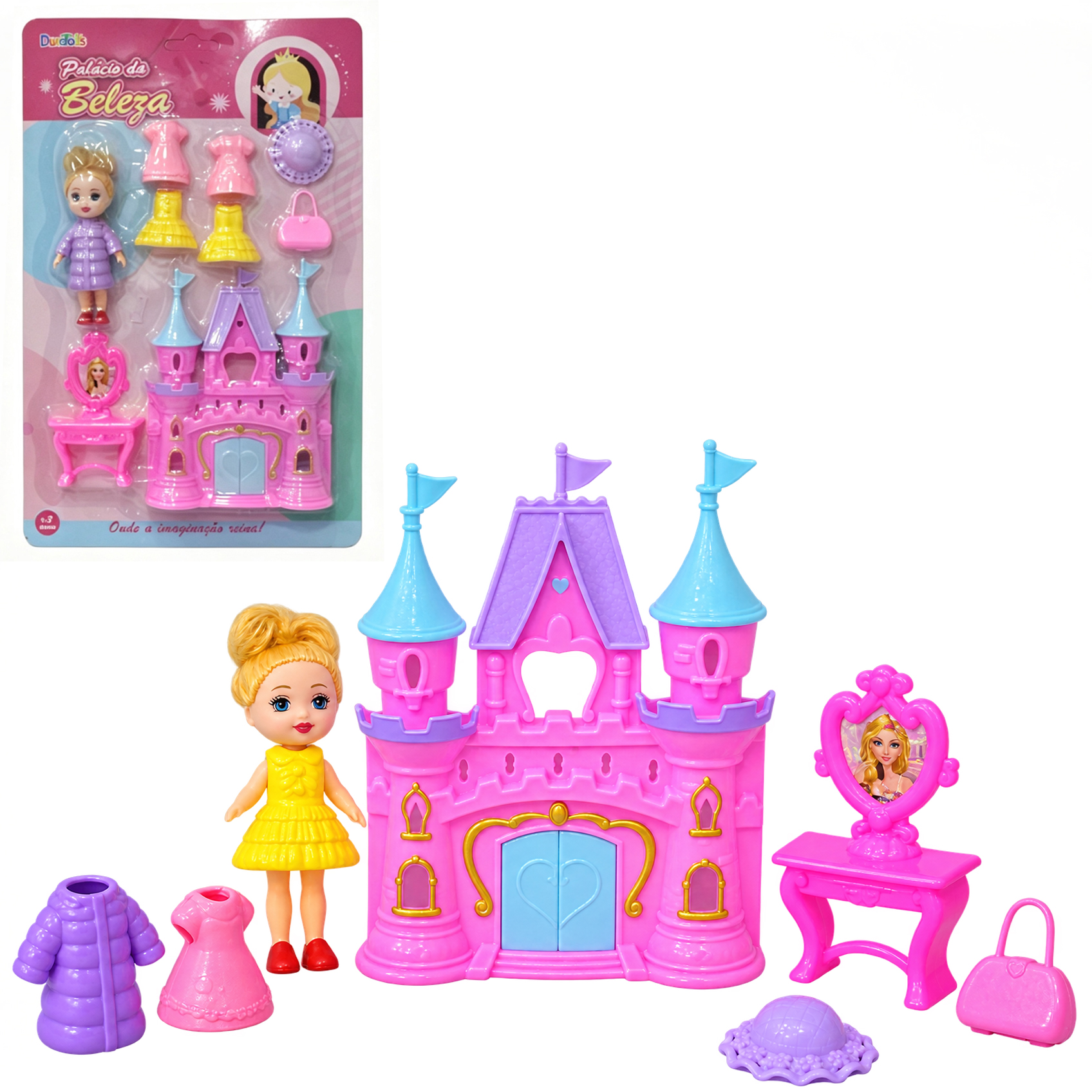 CASA / CASINHA CASTELO COM BONECA TROCA ROUPA DE PLASTICO + ACESSORIOS PALACIO DA BELEZA 9 PECAS