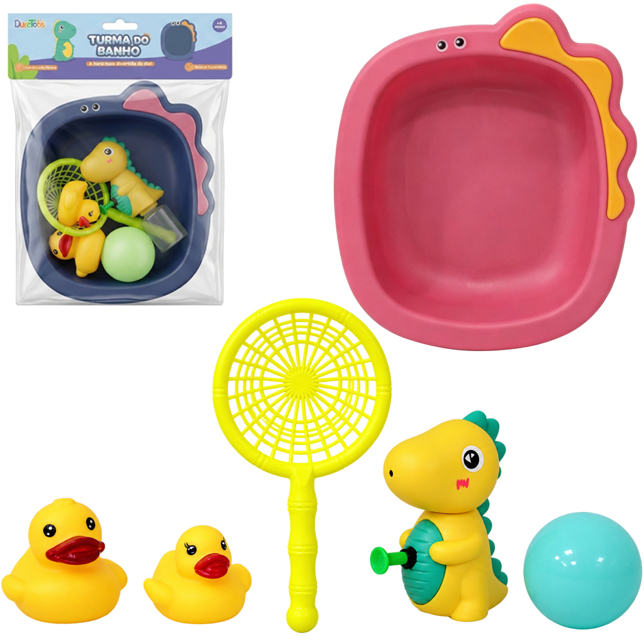 BRINQUEDO PARA BANHO COM BANHEIRA DINOSSAURO + PATO DE VINIL COM SOM E ACESSORIOS 6 PECAS