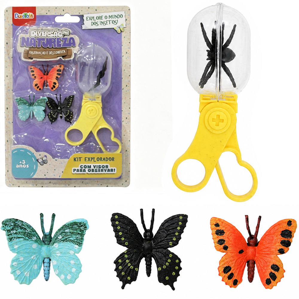 KIT EXPLORADOR COM PEGADOR DE INSETOS / BICHOS + 3 BORBOLETAS E ARANHA DIVERSAO NA NATUREZA