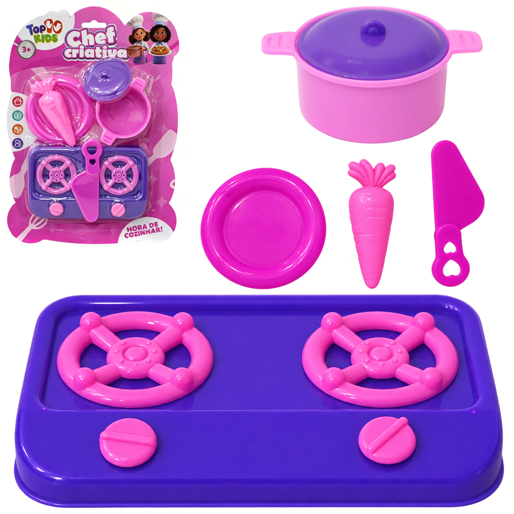 KIT COZINHA INFANTIL COM FOGAO + FRIGIDEIRA E ACESSORIOS CHEF CRIATIVA TOP KIDS 6 PECAS