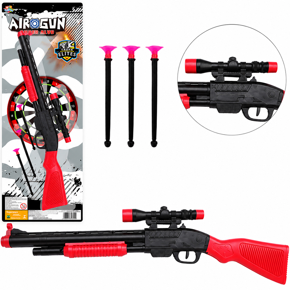 PISTOLA / ESPINGARDA LANCA DARDO VENTOSA COM 3 DARDOS + MIRA AIROGUN SUPER ALVO