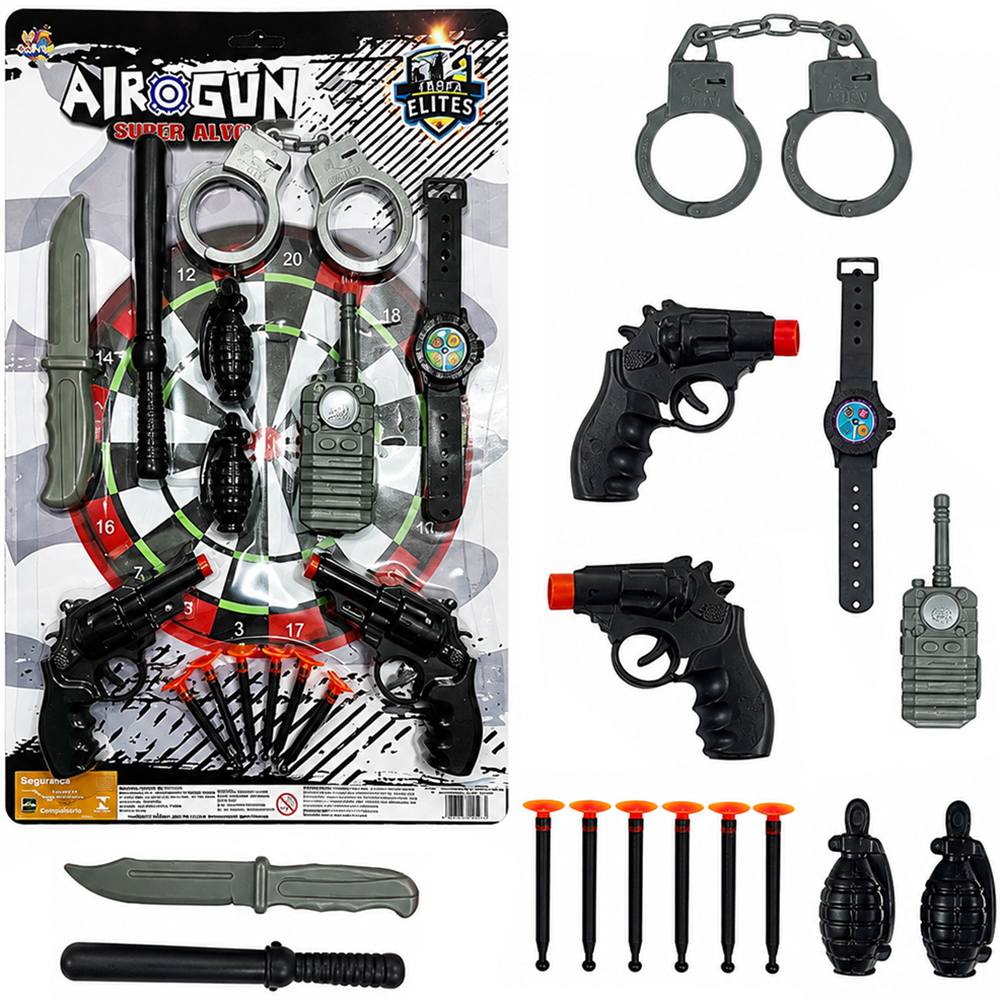 PISTOLA / REVOLVER LANCA DARDO VENTOSA DUPLA COM 6 DARDOS + ALMEGA E ACESSORIOS AIROGUN SUPER ALVO 15 PECAS