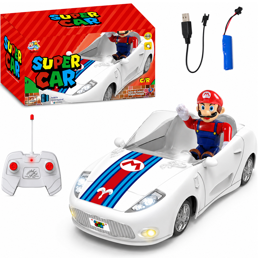 CARRO COM CONTROLE REMOTO SEM FIO SUPER CAR COM BONECO 7 FUNCOES A BATERIA RECARREGAVEL