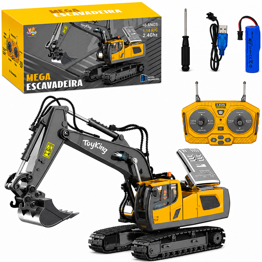 TRATOR RETROESCAVADEIRA/MEGA ESCAVADEIRA METAL / PLASTICO CONTROLE REMOTO SEM FIO SOM + LUZ BATERIA RECARREGAVEL