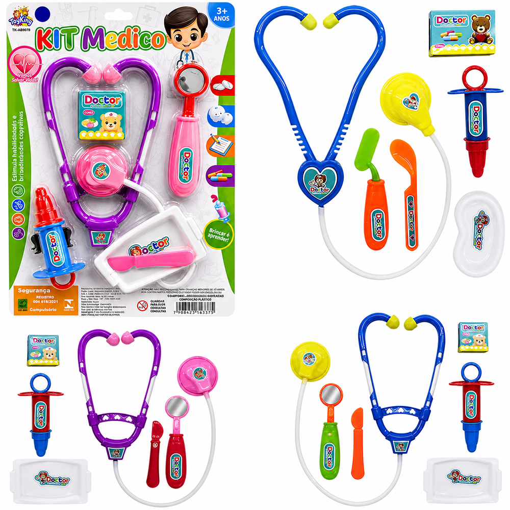 KIT MEDICO INFANTIL COM ESTETOSCOPIO E ACESSORIOS 6 PECAS